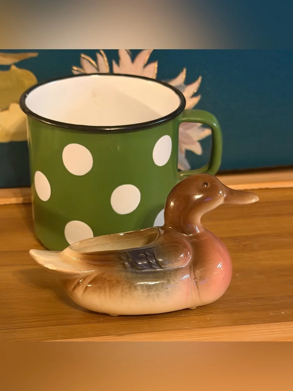 Hand-Painted Ceramic Duck Planter in Brown and Pink